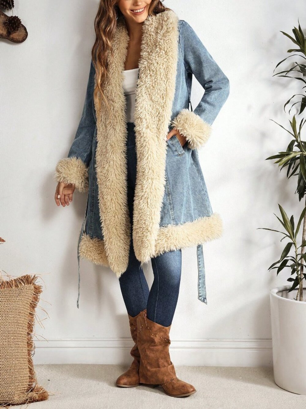 Blue Casual Women's Fuzzy Patchwork Denim Jacket - Picture 4 of 7